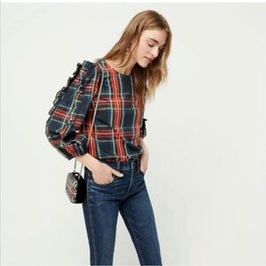 J. Crew ruffle sleeve Stewart tartan plaid shirt Size XS Red black